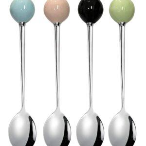 Ouliget Stainless Steel Tea Spoons, Mini Coffee Spoons, Dessert Spoons,Korean Small Spoons with Ceramic Ball, Spoons 4 Pieces 5.5 Inches 4 colors.