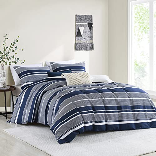 CozyDH Cotton Duvet Cover King - 100% Cotton 400TC Navy Blue Duvet Cover King Size, Soft and Breathable King Duvet Cover Set for All Season, Striped Pattern 3pcs Bedding Set (King, 104"x90")