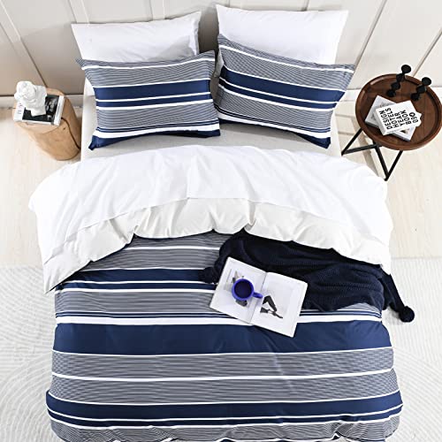 CozyDH Cotton Duvet Cover King - 100% Cotton 400TC Navy Blue Duvet Cover King Size, Soft and Breathable King Duvet Cover Set for All Season, Striped Pattern 3pcs Bedding Set (King, 104"x90")