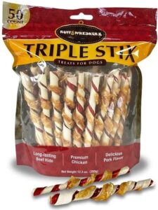 ktr ruff & whiskerz triple stix rawhide treat for dog | made with real beef hide and chicken | satisfies dogs craving to chew | 50 count