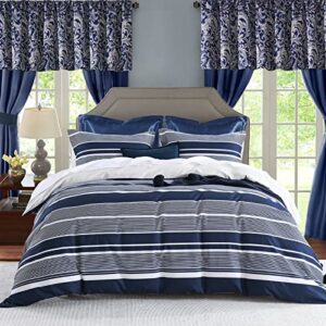 CozyDH Cotton Duvet Cover King - 100% Cotton 400TC Navy Blue Duvet Cover King Size, Soft and Breathable King Duvet Cover Set for All Season, Striped Pattern 3pcs Bedding Set (King, 104"x90")