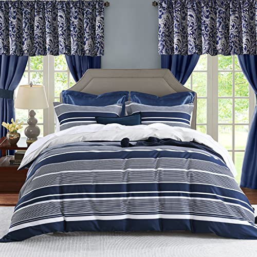 CozyDH Cotton Duvet Cover King - 100% Cotton 400TC Navy Blue Duvet Cover King Size, Soft and Breathable King Duvet Cover Set for All Season, Striped Pattern 3pcs Bedding Set (King, 104"x90")