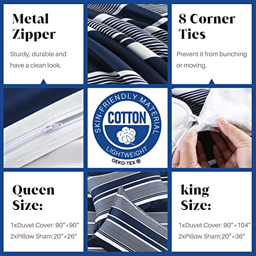 CozyDH Cotton Duvet Cover King - 100% Cotton 400TC Navy Blue Duvet Cover King Size, Soft and Breathable King Duvet Cover Set for All Season, Striped Pattern 3pcs Bedding Set (King, 104"x90")