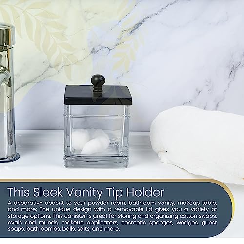 Indecor Home H Halston Apothecary Glass Cotton Jar Holder for Qtips, Cotton Balls, Floss, Storage Canister ,Bathroom Organization, With Matte Black 304L Stainless Steel Lid, Makeup Vanity Organizer