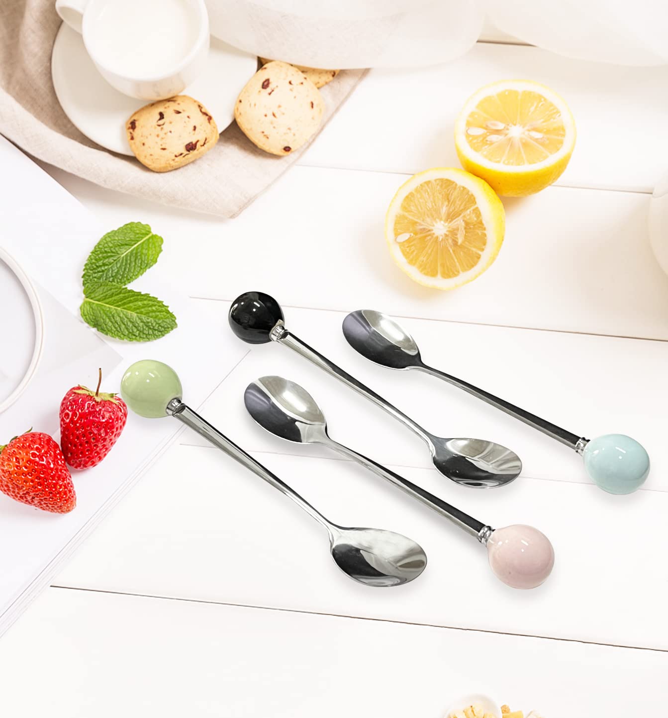 Ouliget Stainless Steel Tea Spoons, Mini Coffee Spoons, Dessert Spoons,Korean Small Spoons with Ceramic Ball, Spoons 4 Pieces 5.5 Inches 4 colors.