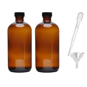 2pcs 16oz amber glass boston round bottles with air tight seal phenolic poly cone caps.perfect glass containers for secondary fermentation,storing condiment,homemade essential oils,plant,kitchen