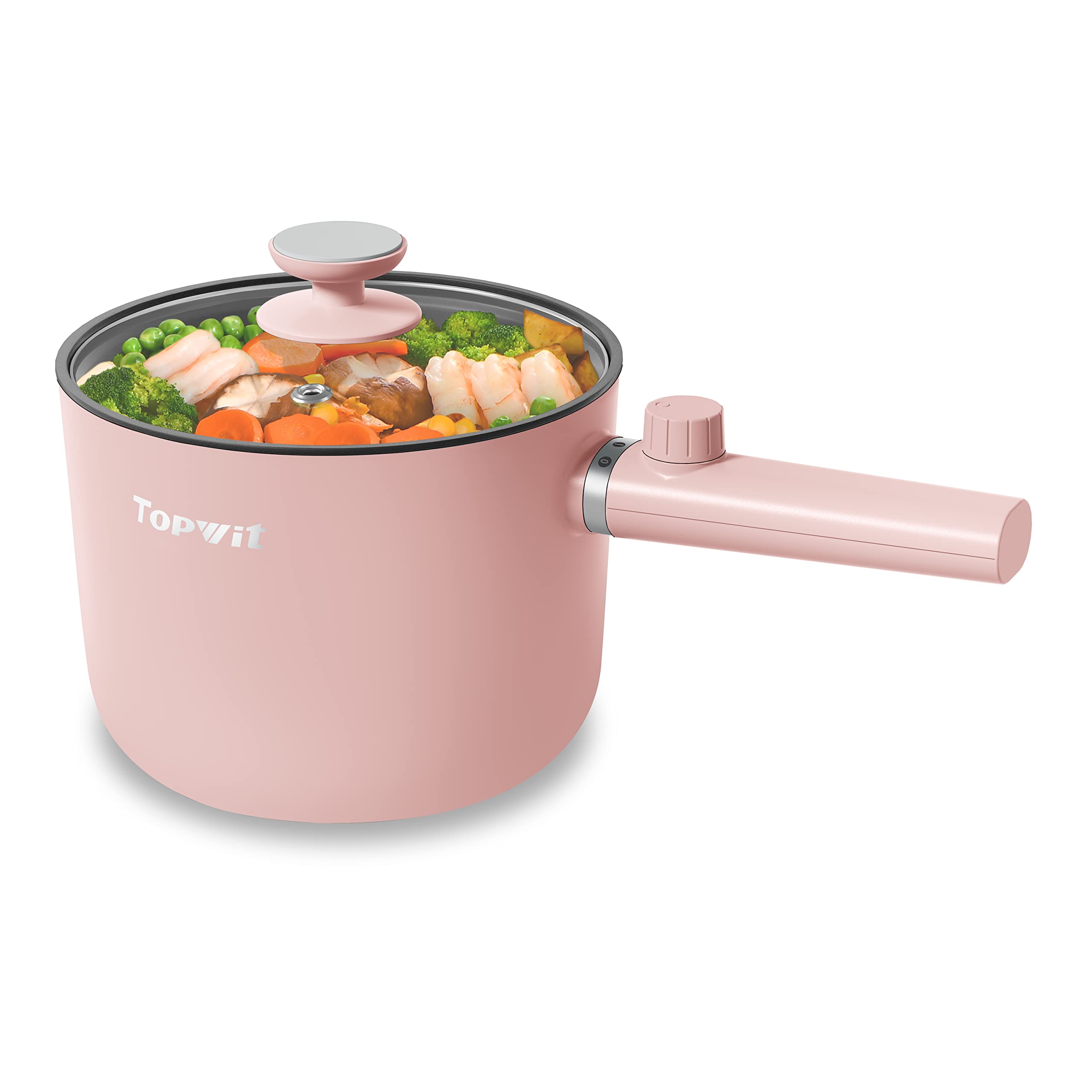 Topwit Hot Pot Electric, 1.5L Ramen Cooker, Portable Non-Stick Frying Pan, Electric Pot for Pasta, Steak, BPA Free, Electric Cooker with Dual Power Control, Over-Heating & Boil Dry Protection, Pink