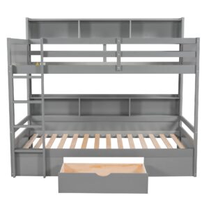 SOFTSEA Twin Over Twin Bunk Bed with Storage Shelves and Drawers, Solid Wood Bunk Bed Frame with Guardrails and Built-in Ladder for Kids, Twin Size Bunk Bed for Bedroom, Gray