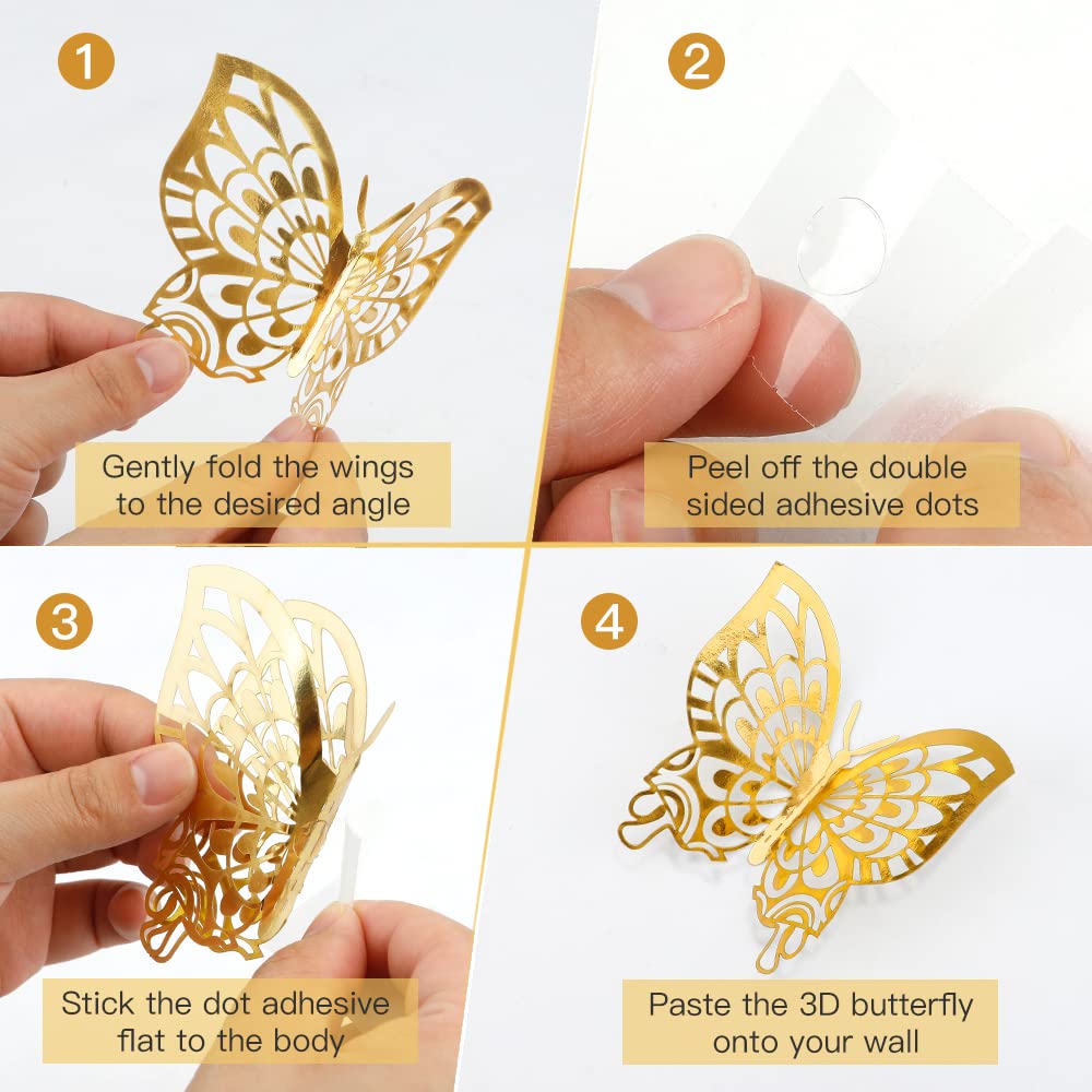 72 pcs 3D Butterfly Wall Decor Stickers, Gold Butterfly Party Decorations Butterfly Wall Decals Butterfly Bedroom Classroom Wedding Cake Balloon Baby Shower Decor Aesthetic for Girl,4 Styles 3 Sizes