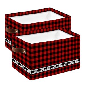 Red Black Plaid Bear Storage Bins 2 Pack, Large Waterproof Storage Baskets for Shelves Closet, Forest Wild Bear Silhouette Storage Basket Foldable Storage Box Cube Storage Organizer with Handles