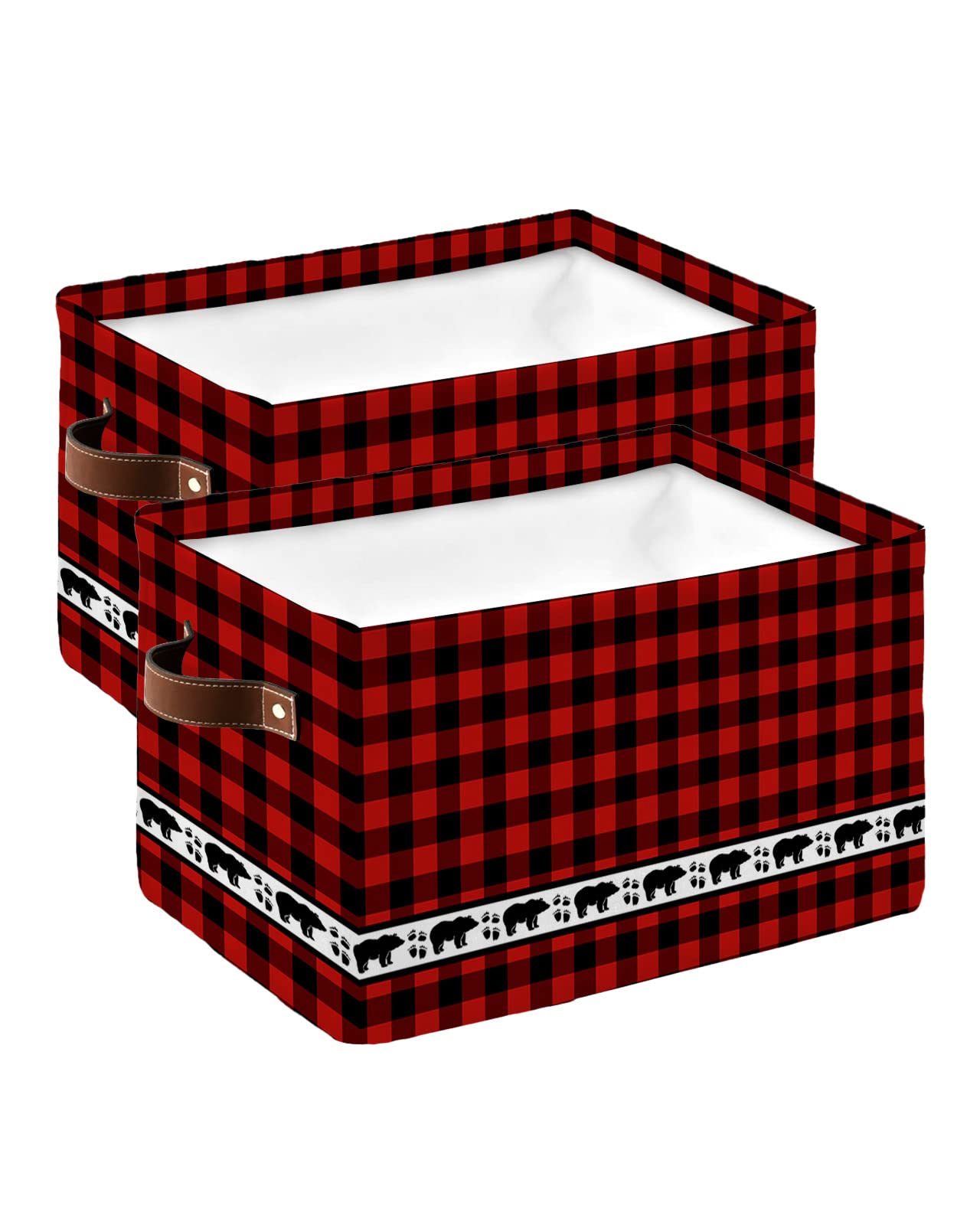 Red Black Plaid Bear Storage Bins 2 Pack, Large Waterproof Storage Baskets for Shelves Closet, Forest Wild Bear Silhouette Storage Basket Foldable Storage Box Cube Storage Organizer with Handles