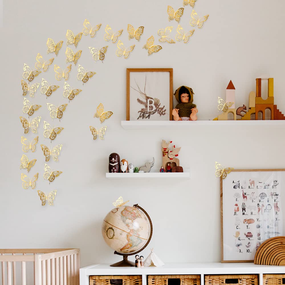 72 pcs 3D Butterfly Wall Decor Stickers, Gold Butterfly Party Decorations Butterfly Wall Decals Butterfly Bedroom Classroom Wedding Cake Balloon Baby Shower Decor Aesthetic for Girl,4 Styles 3 Sizes