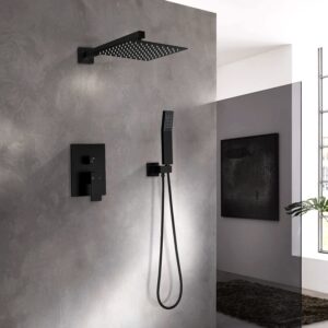 Qomolangma 10 inch Rain Shower System, Black Shower Faucet Set with Pressure Balance Valve, Wall Mounted 2-Functions Bathroom Shower Systems with Rain Shower and Handheld Spray Shower Trim Included