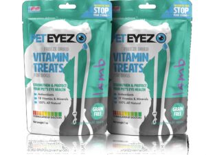 pet eyez-dog tear stain remover - tear stain remover for dogs - dog eye care -dog treats with astaxanthin, blueberry fruit powder, lutein, grain free, all-natural protein (lamb-2 pack)