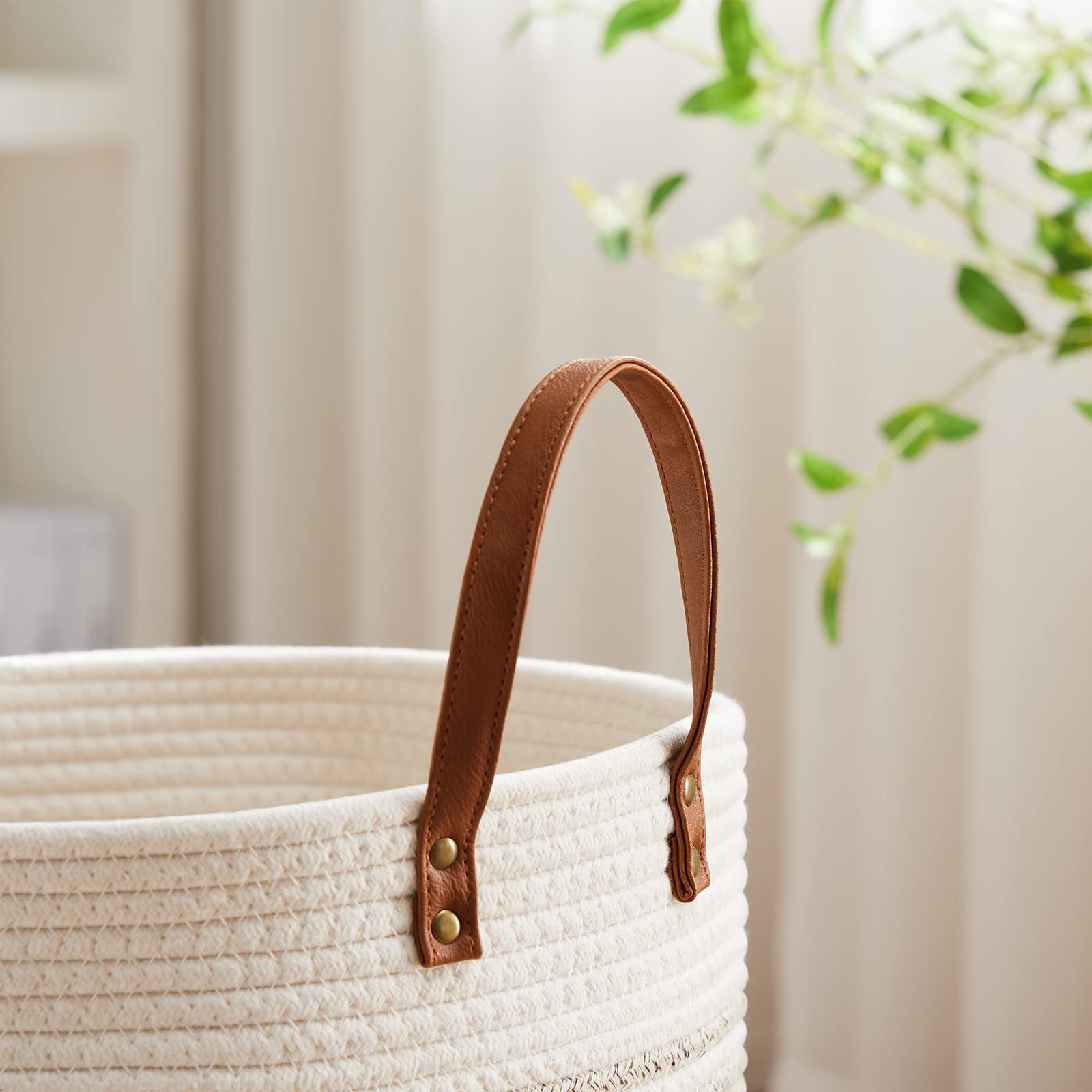 VIPOSCO Small Laundry Basket, Slim Baby Hamper with Leather Handle, Cute Woven Rope Storage Basket for Blanket, Kids Toy, Clothes In Living Room, Bathroom, Bedroom, Nursery Room - 30L Brown & White