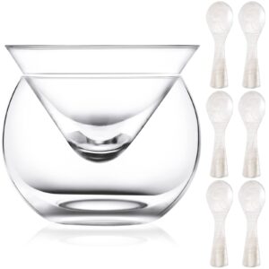 glass caviar chiller server set plus 6 pcs caviar spoons caviar serving set 2.76 to 3.54 inches mother of pearl spoon shell spoon round handle, universal martini, wine, liquor cocktail chiller