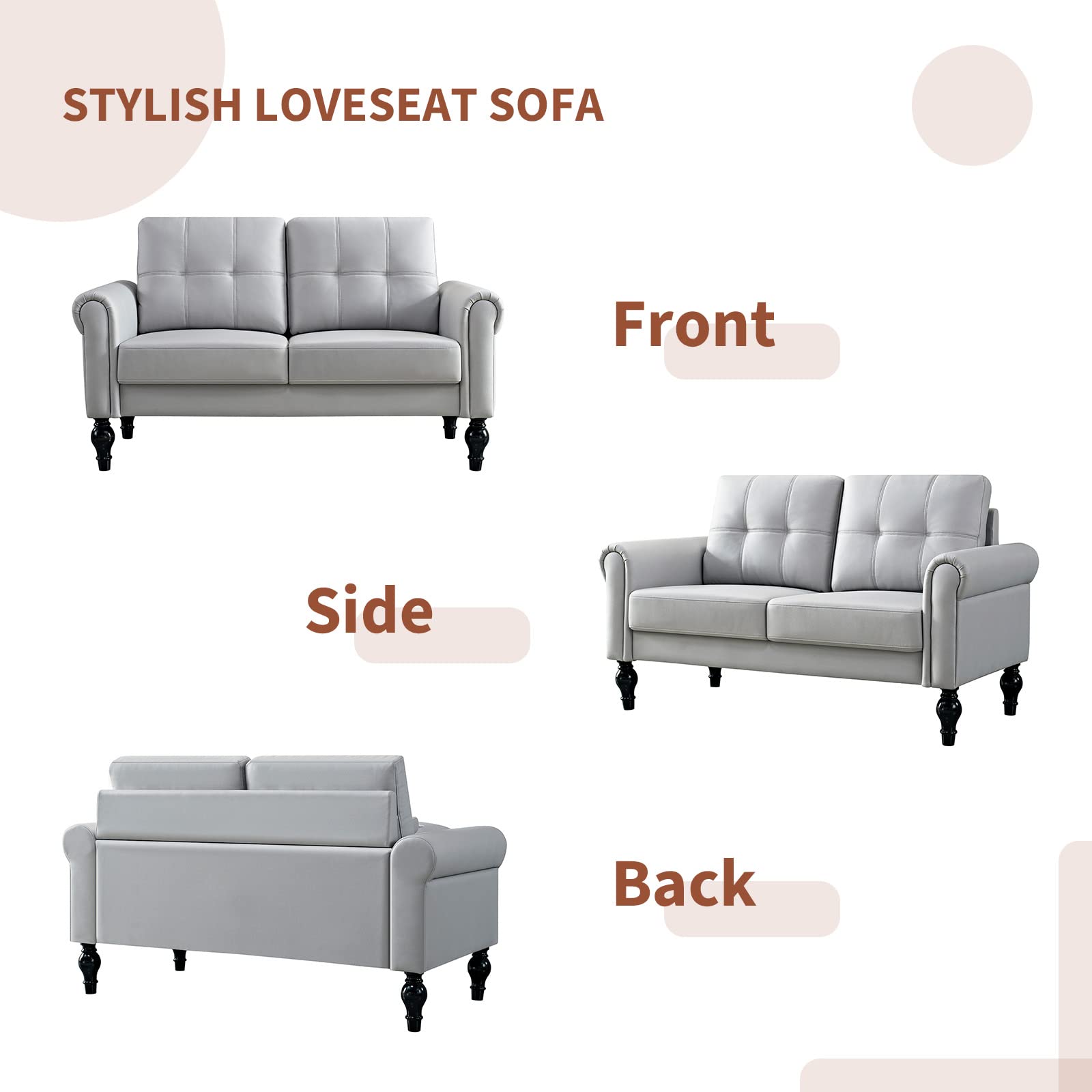 Husbedom 60.6 Inches Loveseat Sofa, Air Leather Small Couches for Small Spaces, Comfy Couch for Living Room, Bedroom, Apartment, Studio, Light Gray