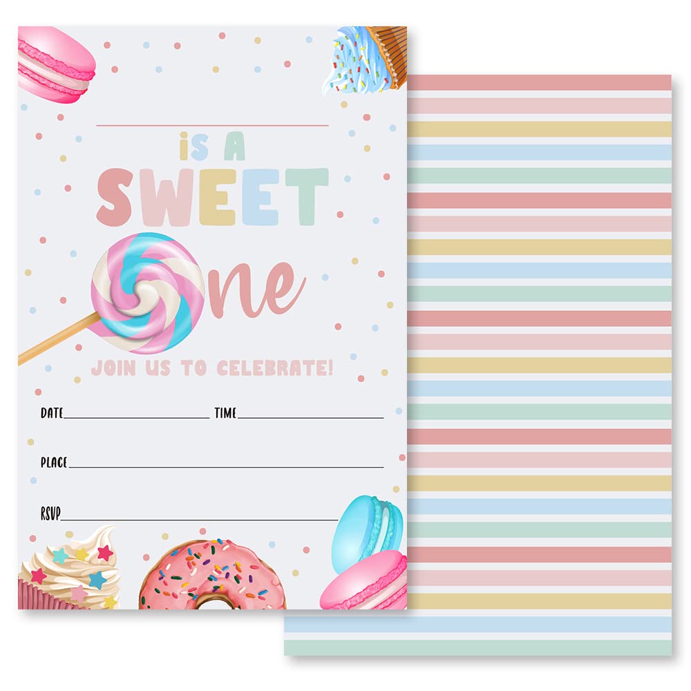 Grace Yonks Sweet One Birthday invitation, Dessert Party invite, Donut & Candy First Birthday, 20 Invitations and Envelopes, Birthday party Invitations, Birthday Party Supplies.(081)