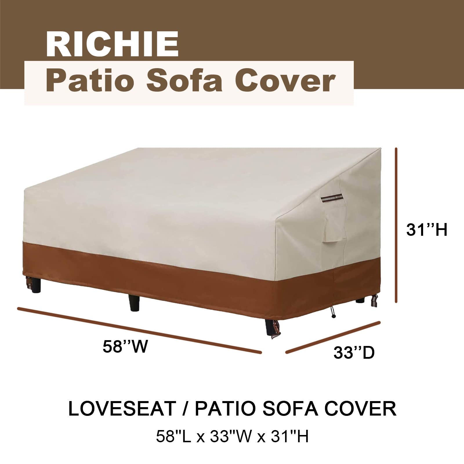 RICHIE Heavy Duty Patio Sofa Cover, 100% Waterproof Outdoor Patio Furniture 3-Seater Couch Covers with Air Vent and Adjustable Straps and Cord, 79"x 37"x 35", Brown (58" Wx33" Dx31" H - Beige&Brown)