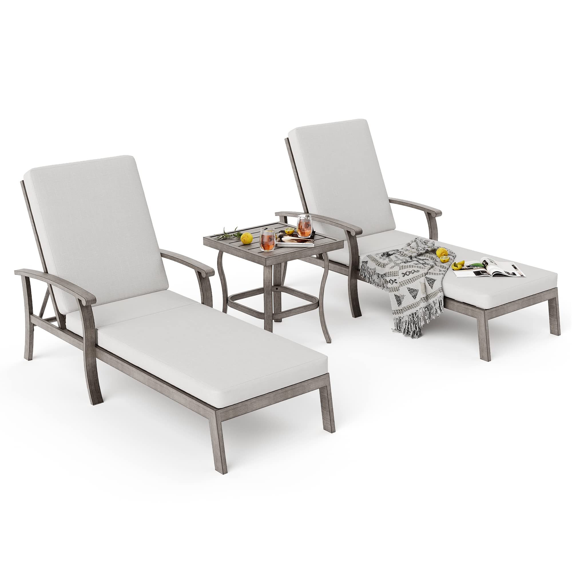 HAPPATIO Aluminum Patio Chaise Lounge Set 3 Pieces, Aluminum Patio Lounge Chair with Side Table, Pool Lounge Chair with Cushions, Outdoor Chaise Lounge Chair for Patio Deck Poolside (Gray)