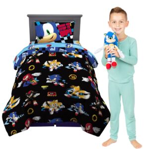 franco sonic the hedgehog anime kids bedding twin/full comforter with twin sheet set and cuddle pillow, 5 piece bedroom set (official sega licensed product)