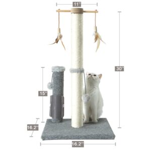 PAWSFANS Cat Scratching Post,Sisal Scratch Posts Vertical Scratcher for Indoor Cats and Kittens,with self Grooming Bursh and Interactive Toys 30 Inches Tall Grey