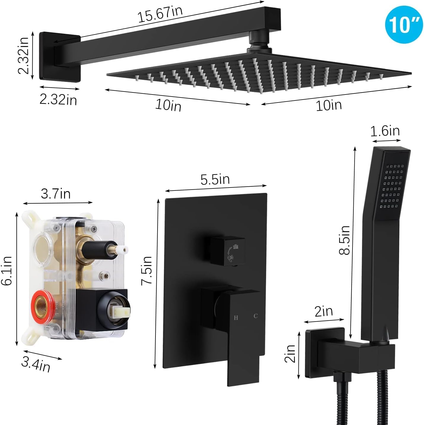 Qomolangma 10 inch Rain Shower System, Black Shower Faucet Set with Pressure Balance Valve, Wall Mounted 2-Functions Bathroom Shower Systems with Rain Shower and Handheld Spray Shower Trim Included