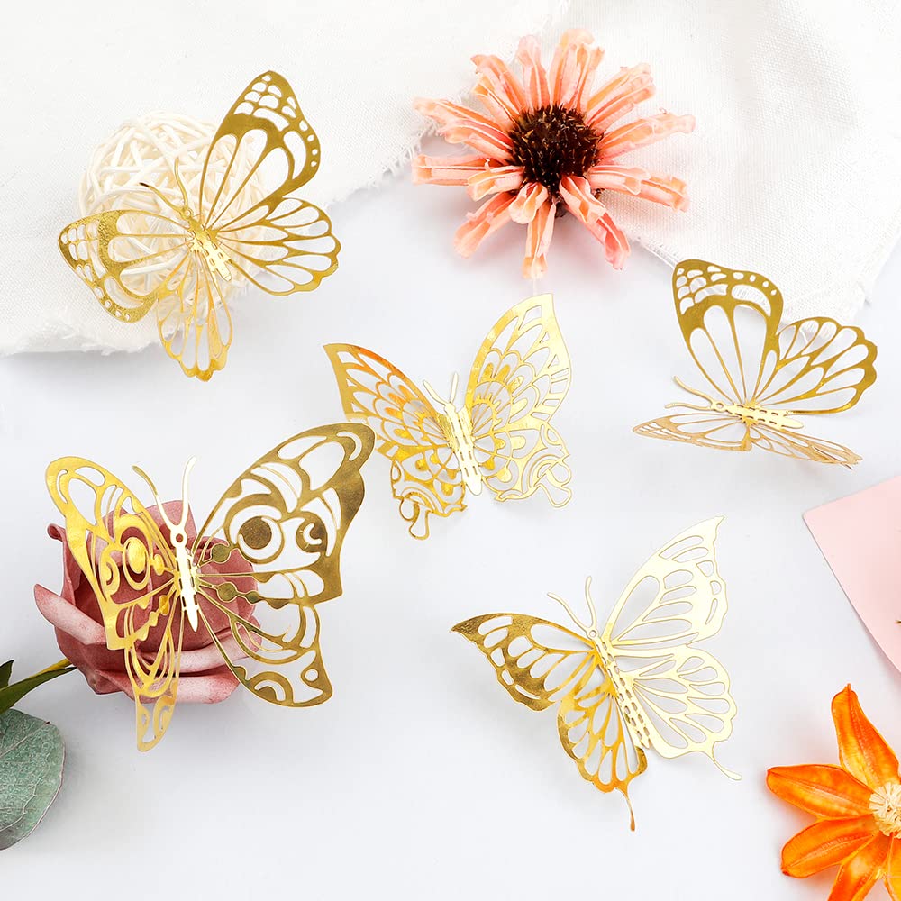 72 pcs 3D Butterfly Wall Decor Stickers, Gold Butterfly Party Decorations Butterfly Wall Decals Butterfly Bedroom Classroom Wedding Cake Balloon Baby Shower Decor Aesthetic for Girl,4 Styles 3 Sizes