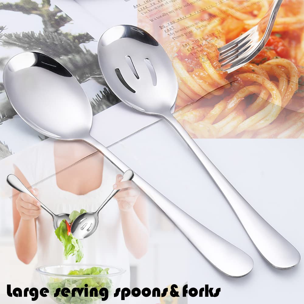 IAXSEE 6 PCS Stainless Steel Serving Utensils, Large Serving Spoons Slotted Spoons, Forks, Ice Suger Tongs, Cake Server, Soup Ladle, Metal Utensils Set Great for Buffet Catering Banquet Party, Silver