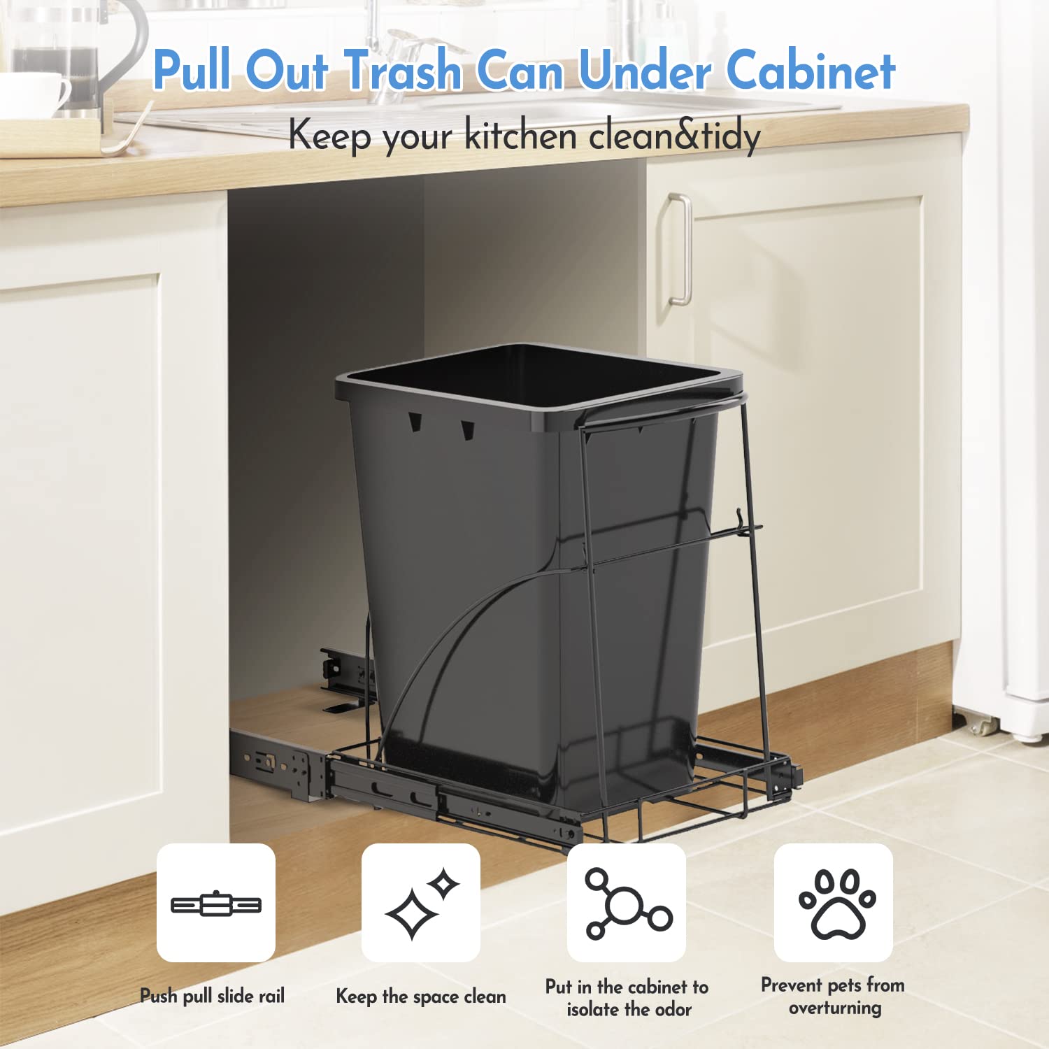 Pull Out Trash Can Under Cabinet，Under Sink Garbage Can Pull Out，Heavy Duty Cabinet Trash Can Pull Out Kit，35qt Sliding Trash Can Cabinet Pull Out for Kitchen，Black (Trash Can Not Included)