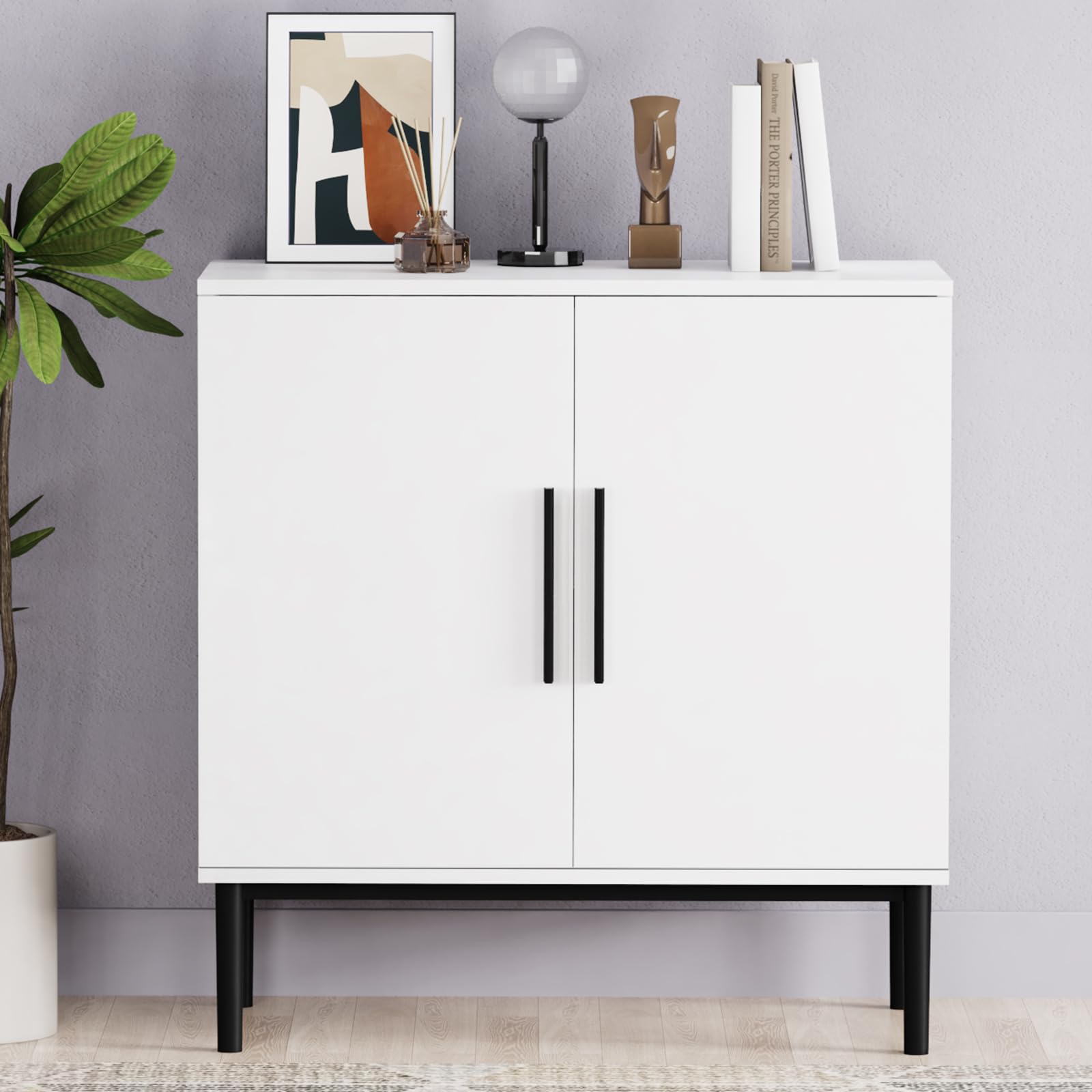 REHOOPEX Storage Cabinet, Modern Accent Buffet Cabinet, Free Standing Sideboard and Buffet Storage with Door, Wood Buffet Sideboard for Bedroom, Living Room, Kitchen or Hallway (1, White)