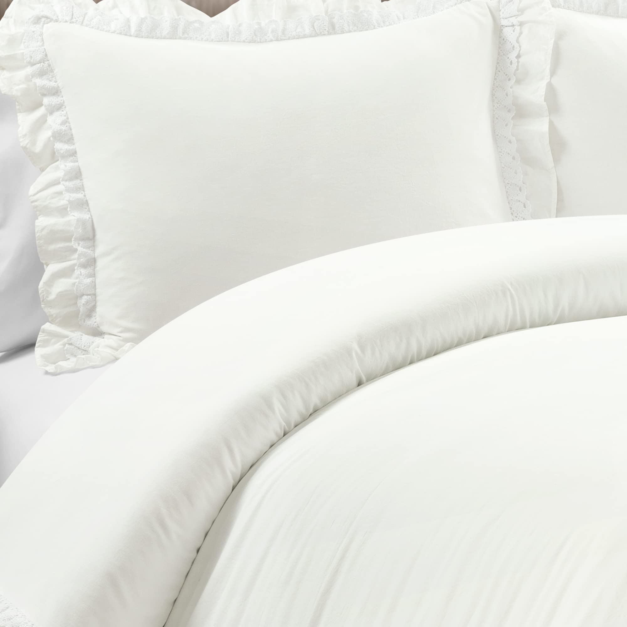 Lush Decor Ella Ruffle Lace 100% Cotton 3 Piece Duvet Cover Set, Full/Queen, White