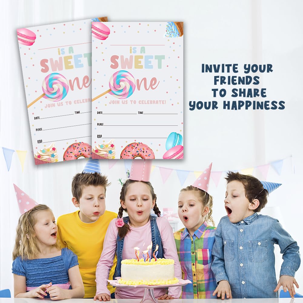 Grace Yonks Sweet One Birthday invitation, Dessert Party invite, Donut & Candy First Birthday, 20 Invitations and Envelopes, Birthday party Invitations, Birthday Party Supplies.(081)