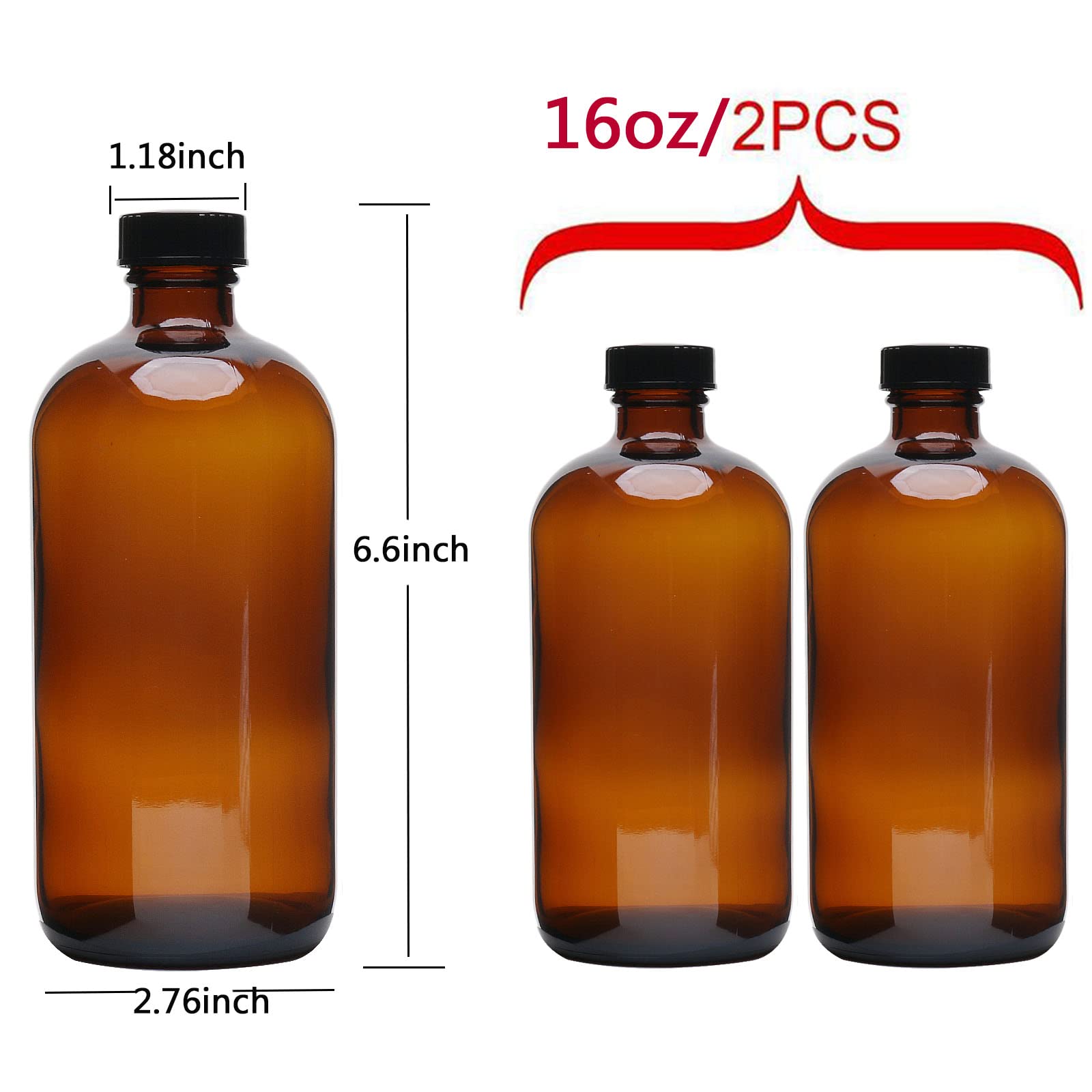 2pcs 16oz Amber Glass Boston Round Bottles with Air Tight Seal Phenolic Poly Cone Caps.Perfect Glass Containers for Secondary Fermentation,Storing condiment,Homemade Essential Oils,plant,kitchen