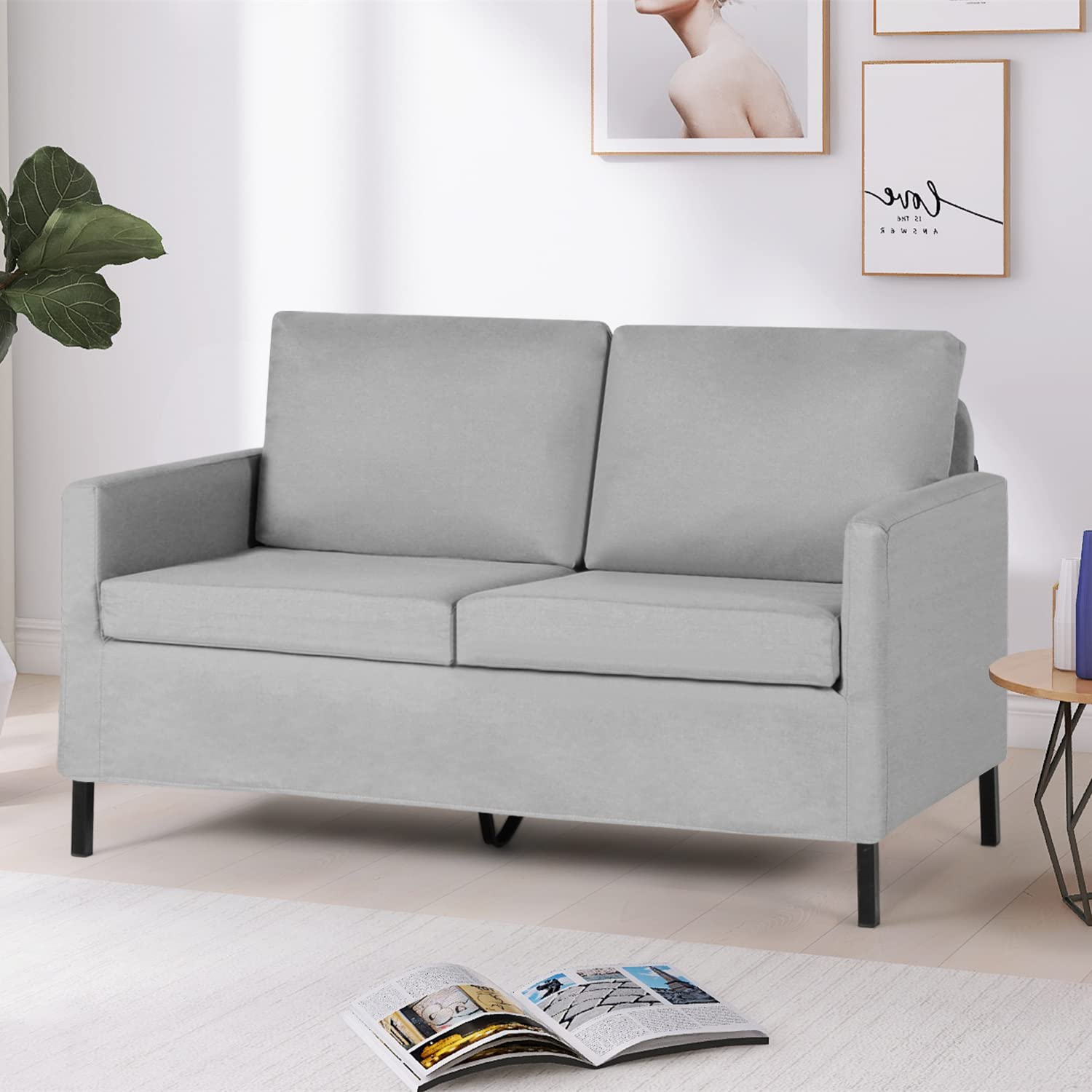 AILEEKISS 51" W Loveseat Sofa Modern Upholstered Sofas Couch with 2 Pillows Linen Fabric Love Seats Couches for Living Room, Bedroom, Apartment and Small Space (Light Grey)