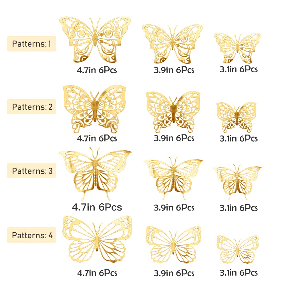 72 pcs 3D Butterfly Wall Decor Stickers, Gold Butterfly Party Decorations Butterfly Wall Decals Butterfly Bedroom Classroom Wedding Cake Balloon Baby Shower Decor Aesthetic for Girl,4 Styles 3 Sizes