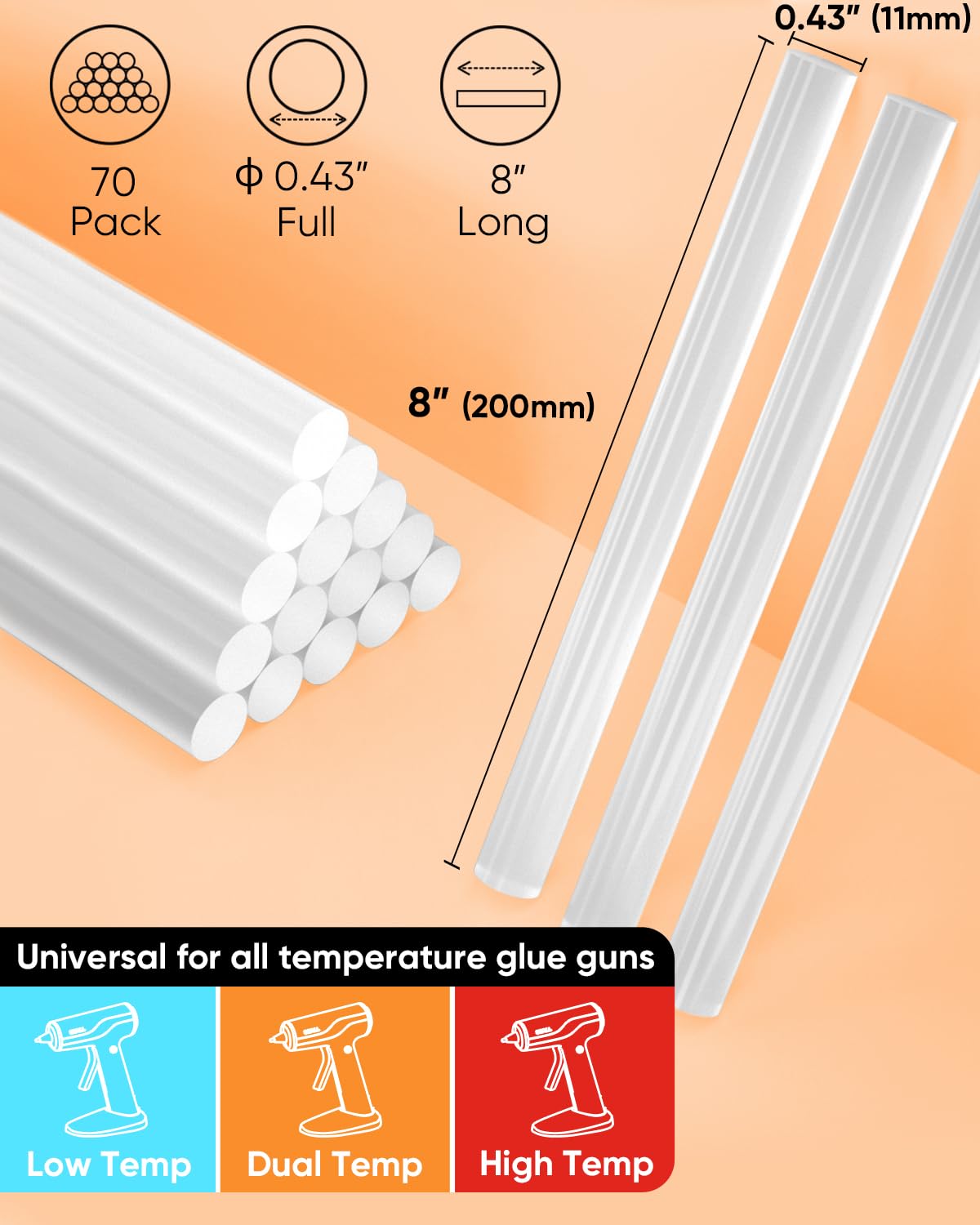 SHALL Full Size Hot Glue Sticks, 0.43” Dia x 8” Long, 70-Pack Clear Hot Melt Glue Gun Sticks for All-Temp Glue Guns, Multipurpose for Kids Adults DIY Art Craft Sealing Repairing Festival Decoration