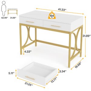 Tribesigns Modern Computer Desk with 2 Drawers, 41 Inches Study Writing Office Desk for Home Office, Bedroom, Makeup Vanity Table Desk with Gold Metal Frame, White & Gold