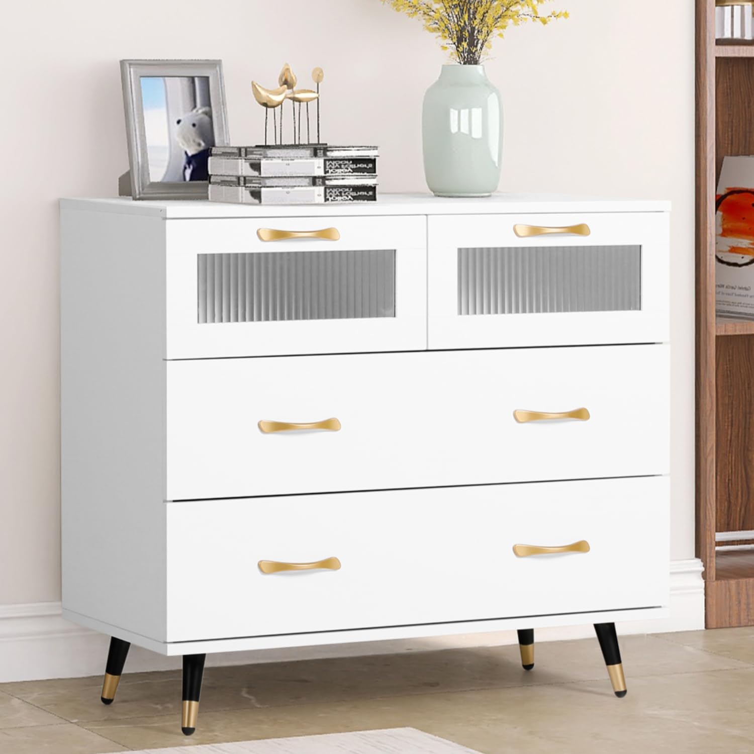 YIGOBUY Small White Dresser, Modern Dresser for Bedroom, 4 Drawer Double Dresser with Wide Drawer and Metal Handles, Wood Dressers & Chests of Drawers for Hallway, Entryway.