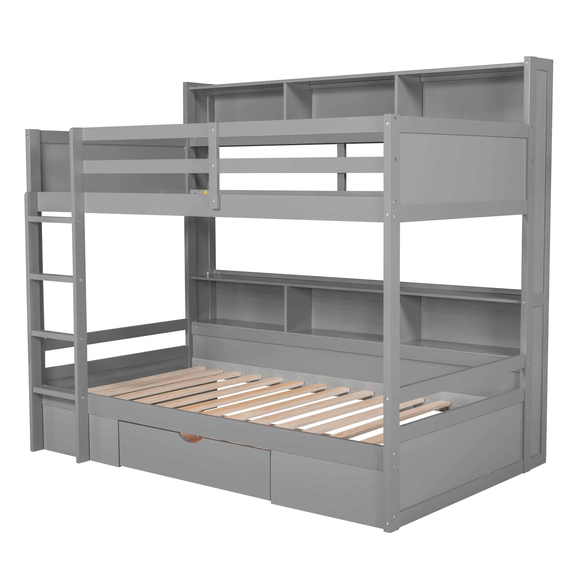 SOFTSEA Twin Over Twin Bunk Bed with Storage Shelves and Drawers, Solid Wood Bunk Bed Frame with Guardrails and Built-in Ladder for Kids, Twin Size Bunk Bed for Bedroom, Gray