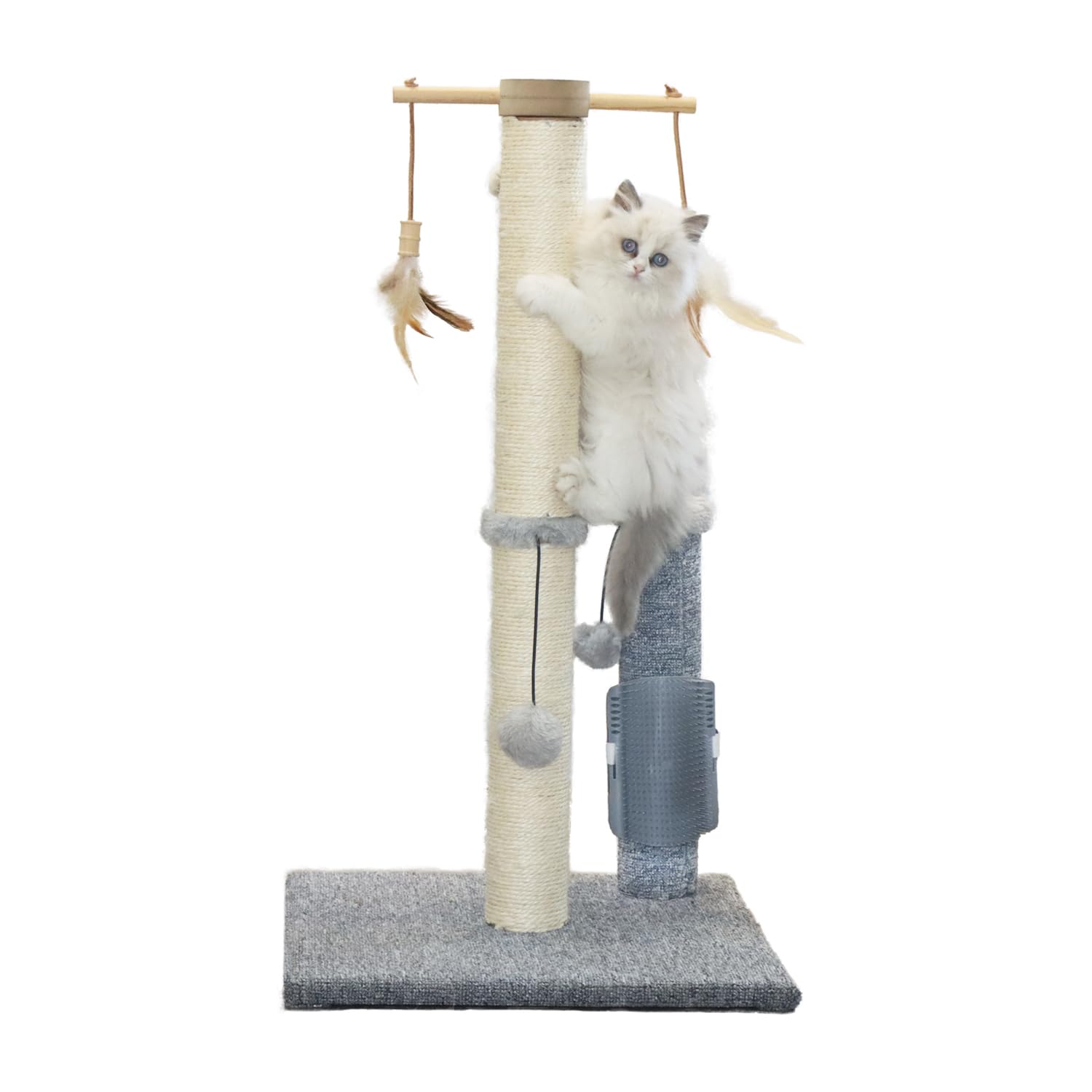 PAWSFANS Cat Scratching Post,Sisal Scratch Posts Vertical Scratcher for Indoor Cats and Kittens,with self Grooming Bursh and Interactive Toys 30 Inches Tall Grey