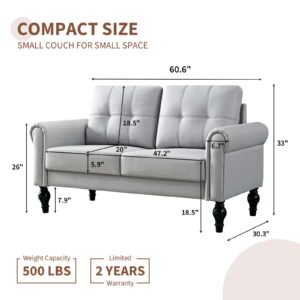 Husbedom 60.6 Inches Loveseat Sofa, Air Leather Small Couches for Small Spaces, Comfy Couch for Living Room, Bedroom, Apartment, Studio, Light Gray