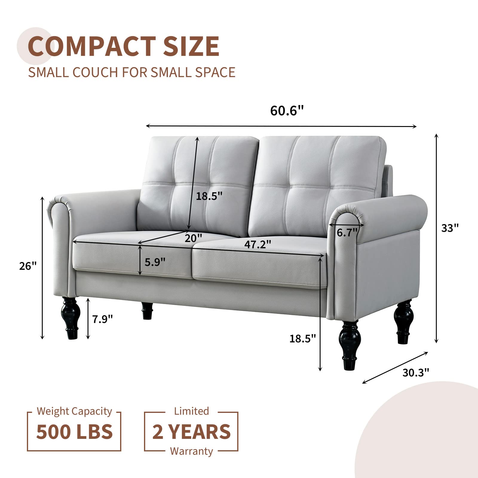 Husbedom 60.6 Inches Loveseat Sofa, Air Leather Small Couches for Small Spaces, Comfy Couch for Living Room, Bedroom, Apartment, Studio, Light Gray