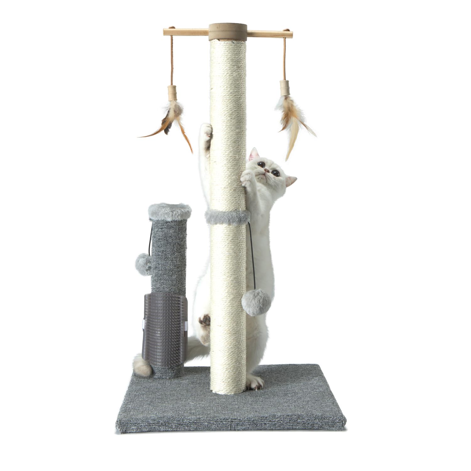 PAWSFANS Cat Scratching Post,Sisal Scratch Posts Vertical Scratcher for Indoor Cats and Kittens,with self Grooming Bursh and Interactive Toys 30 Inches Tall Grey