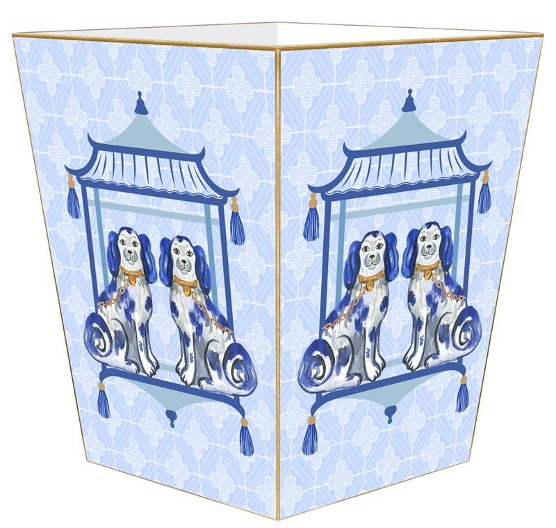 Marye-Kelley Staffordshire Dogs on Blue Wood Wastepaper Basket, Chinoiserie, Handmade in The USA, Wastebasket for Bedroom, Bathroom, Living Room, Office, Kitchen