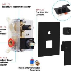 Qomolangma 10 inch Rain Shower System, Black Shower Faucet Set with Pressure Balance Valve, Wall Mounted 2-Functions Bathroom Shower Systems with Rain Shower and Handheld Spray Shower Trim Included