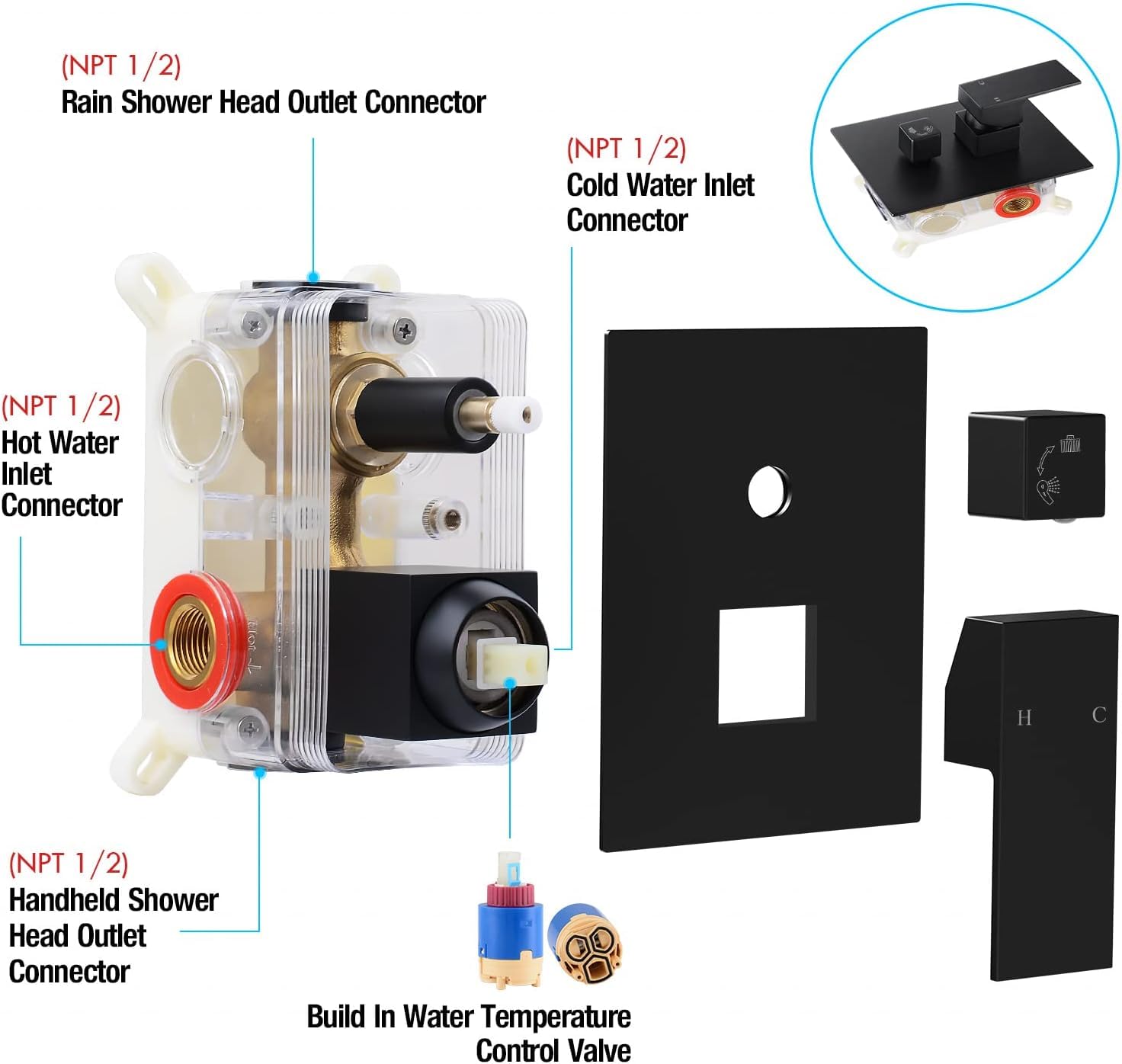 Qomolangma 10 inch Rain Shower System, Black Shower Faucet Set with Pressure Balance Valve, Wall Mounted 2-Functions Bathroom Shower Systems with Rain Shower and Handheld Spray Shower Trim Included