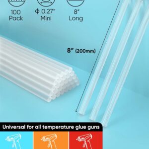 SHALL Mini Hot Glue Sticks, 0.27” Dia x 8” Long, 100-pack Clear Hot Melt Glue Gun Sticks for All-temp Mini Glue Guns, Multipurpose for Kids Adults DIY Art Craft Sealing Repairing Festival Decoration