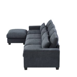 WILLIAMSPACE 129.9" Sectional Sofa for Living Room, Large L-Shaped Sofa Couch with Ottoman, Feather Filled 4 Seat Upholstered Convertible Modular Sofa with Waist Pillows - Dark Grey