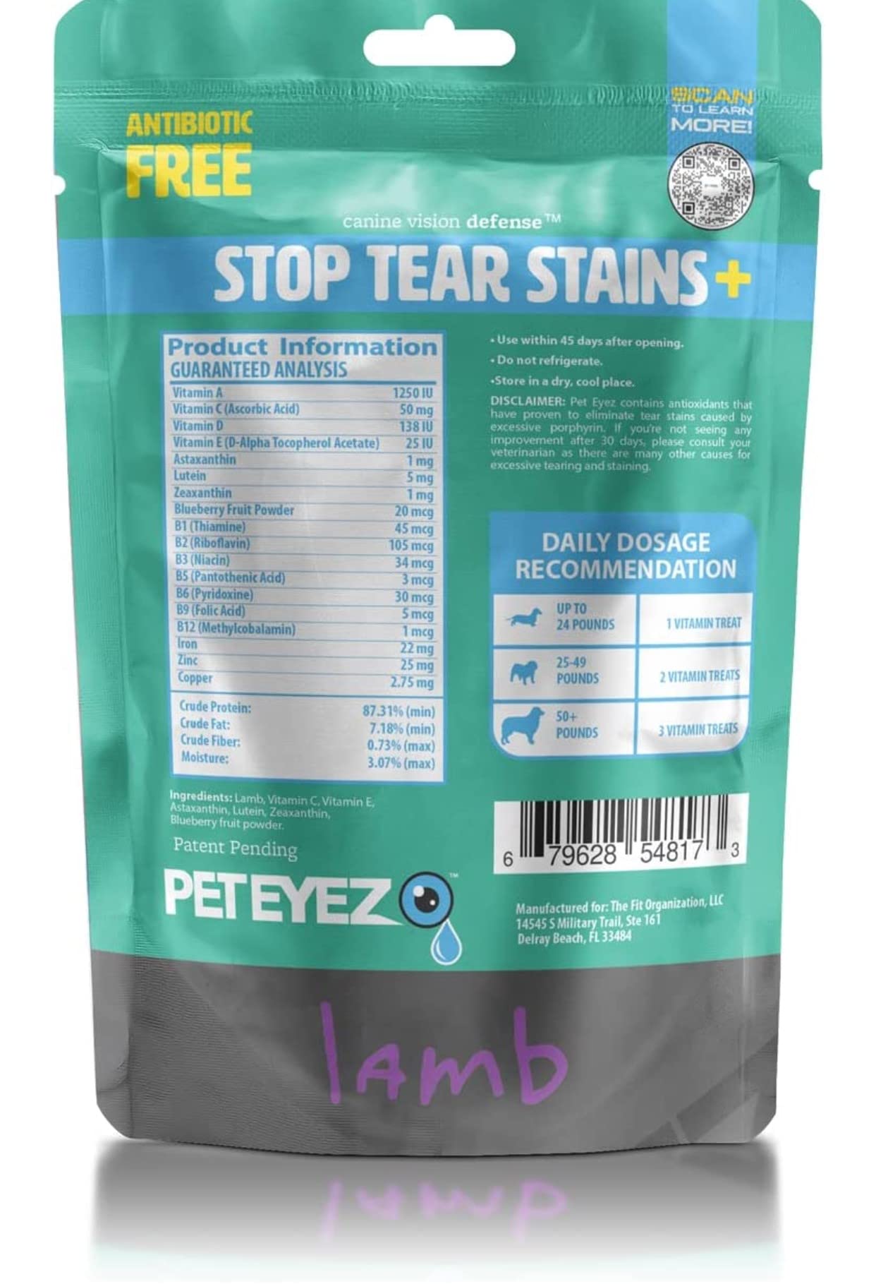 Pet Eyez-Dog Tear Stain Remover - Tear Stain Remover for Dogs - Dog Eye Care -Dog Treats with Astaxanthin, Blueberry Fruit Powder, Lutein, Grain Free, All-Natural Protein (Lamb-2 Pack)